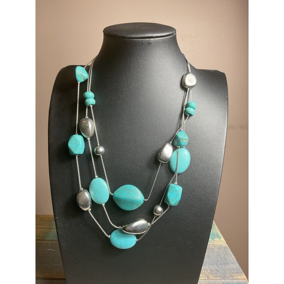 Turquoise & Silver Tone Multi-Strand Beaded Necklace Adjustable Length - Picture 1 of 4